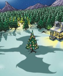Dragon Shadow over Yule tree holiday cartoon