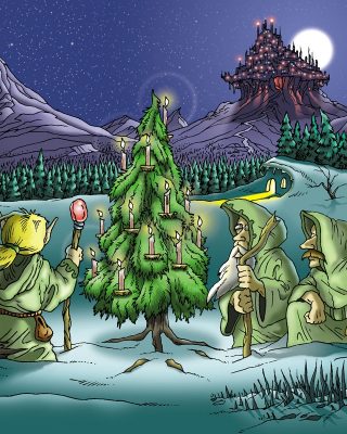 Elves around Yule Tree Holiday Cartoon