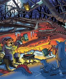 Dragon and Elf by Fire Holiday Cartoon