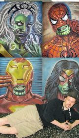 Chalk Art Marvel comics heroes as Skrulls