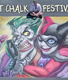 Chalk art of DC Comics Joker and Harley Quinn