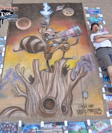 Chalk art of Skottie Young Rocket Raccoon and Groot from Guardians of the Galaxy