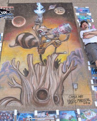 Chalk art of Skottie Young Rocket Raccoon and Groot from Guardians of the Galaxy