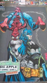 Chalk art of Joe Quesada Spider-Man and Jim Lee Batman made at the Big Apple Con