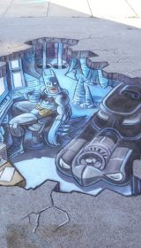 Chalk Art 3D Batcave, Batman and Batmobile by Eric Maruscak