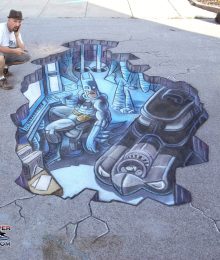 Chalk Art 3D Batcave, Batman and Batmobile by Eric Maruscak