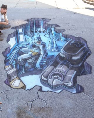 Chalk Art 3D Batcave with Batman and Batmobile