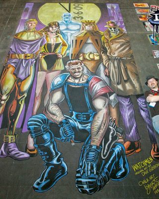 Chalk art of Watchmen by Alan Moore and Dave Gibbons at the New York Comic Con